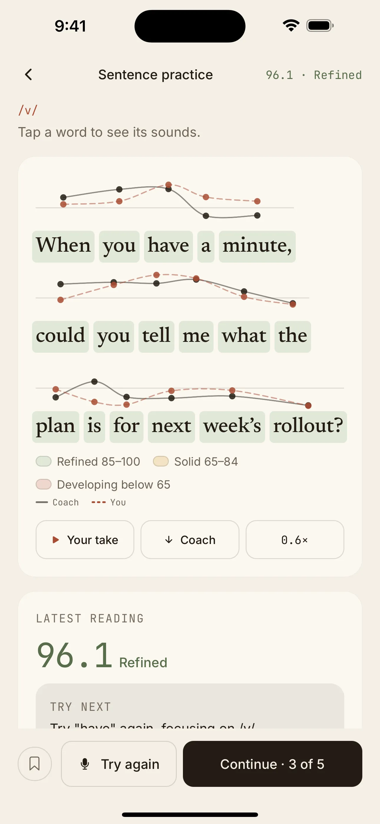 Ekavo sentence practice: your pitch shown against the coach’s, with color-coded word feedback and a latest-reading score.